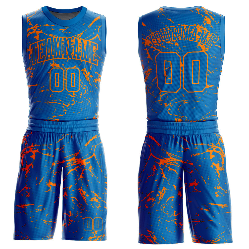 Custom Blue Bay Orange Abstract Grunge Art Round Neck Sublimation Basketball Uniform Jersey - Main View