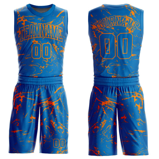 Custom Blue Bay Orange Abstract Grunge Art Round Neck Sublimation Basketball Uniform Jersey - Main View