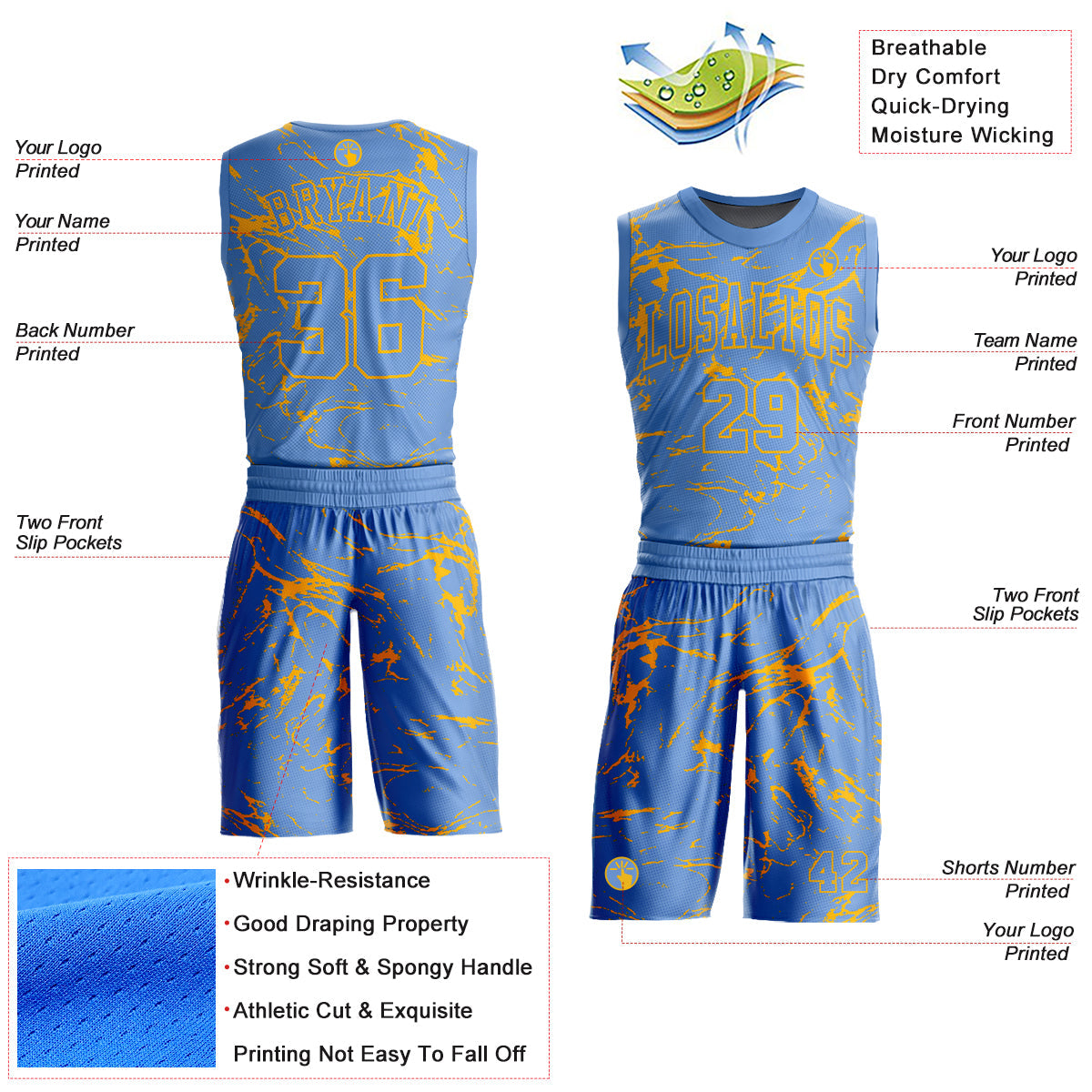 Custom Light Blue Gold Abstract Grunge Art Round Neck Sublimation Basketball Uniform Jersey view 2