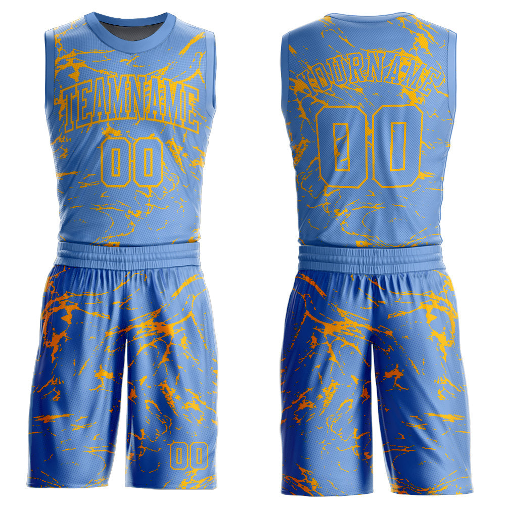 Custom Light Blue Gold Abstract Grunge Art Round Neck Sublimation Basketball Uniform Jersey - Main View