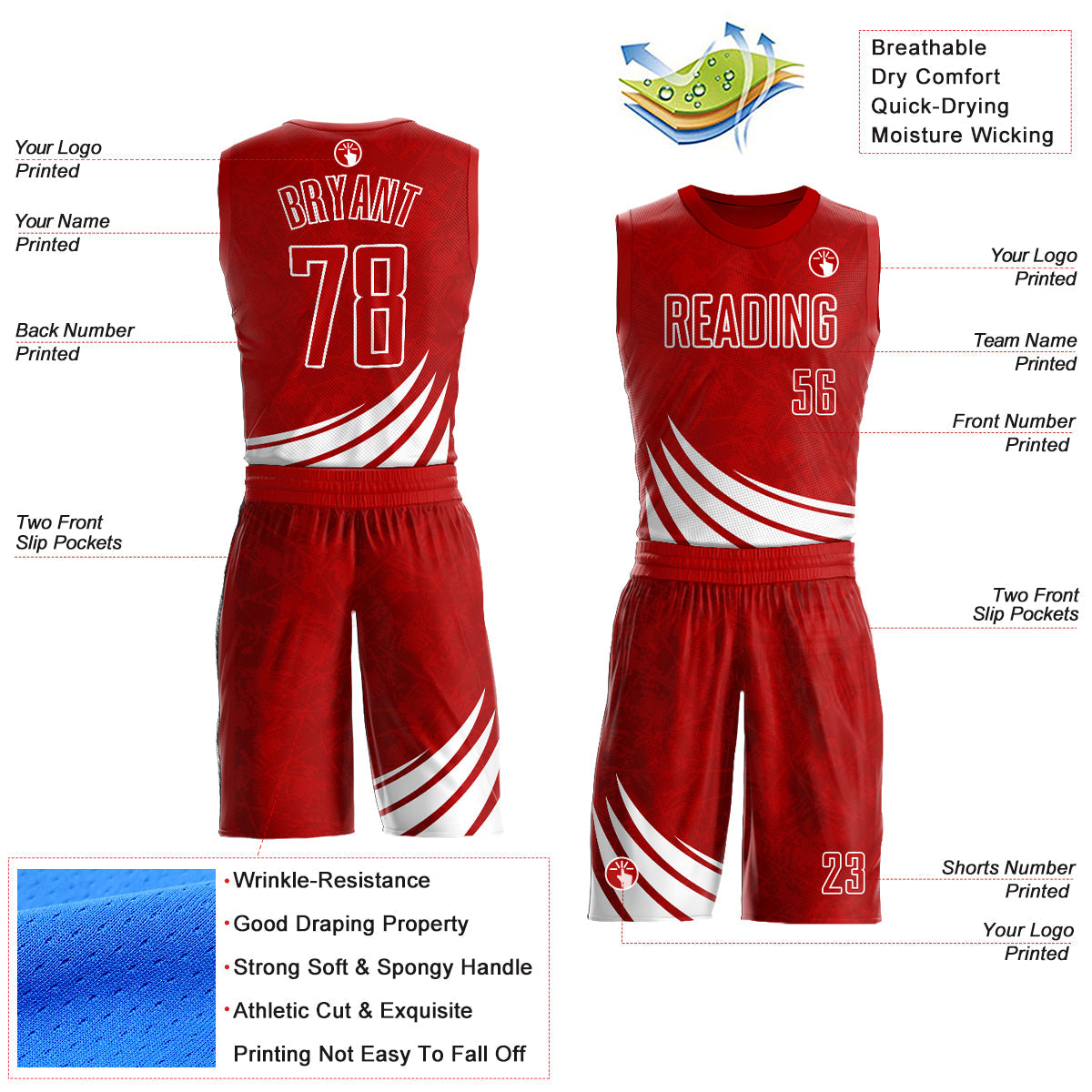 Custom Red White Wind Shapes Round Neck Sublimation Basketball Uniform Jersey view 2