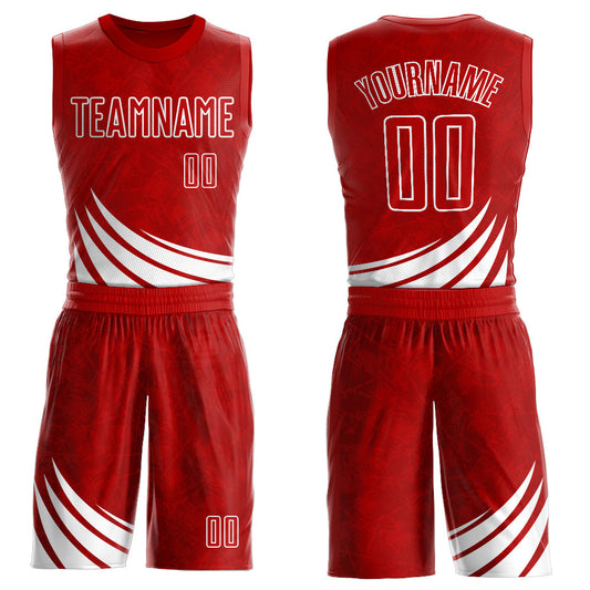 Custom Red White Wind Shapes Round Neck Sublimation Basketball Uniform Jersey - Main View