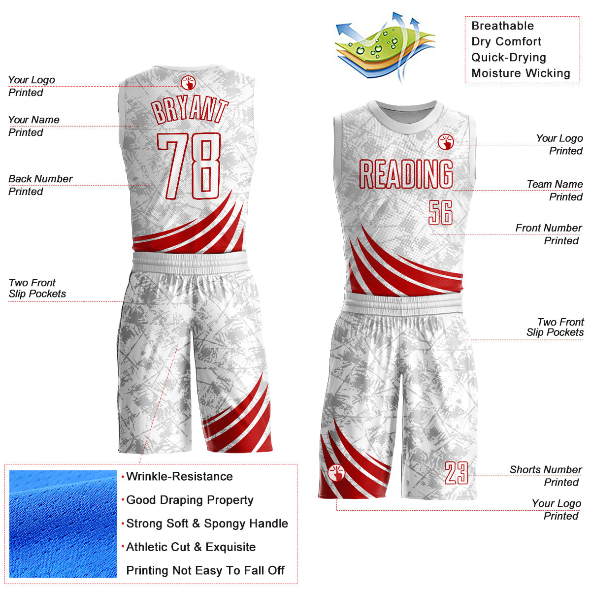 Custom White Red Wind Shapes Round Neck Sublimation Basketball Uniform Jersey view 2