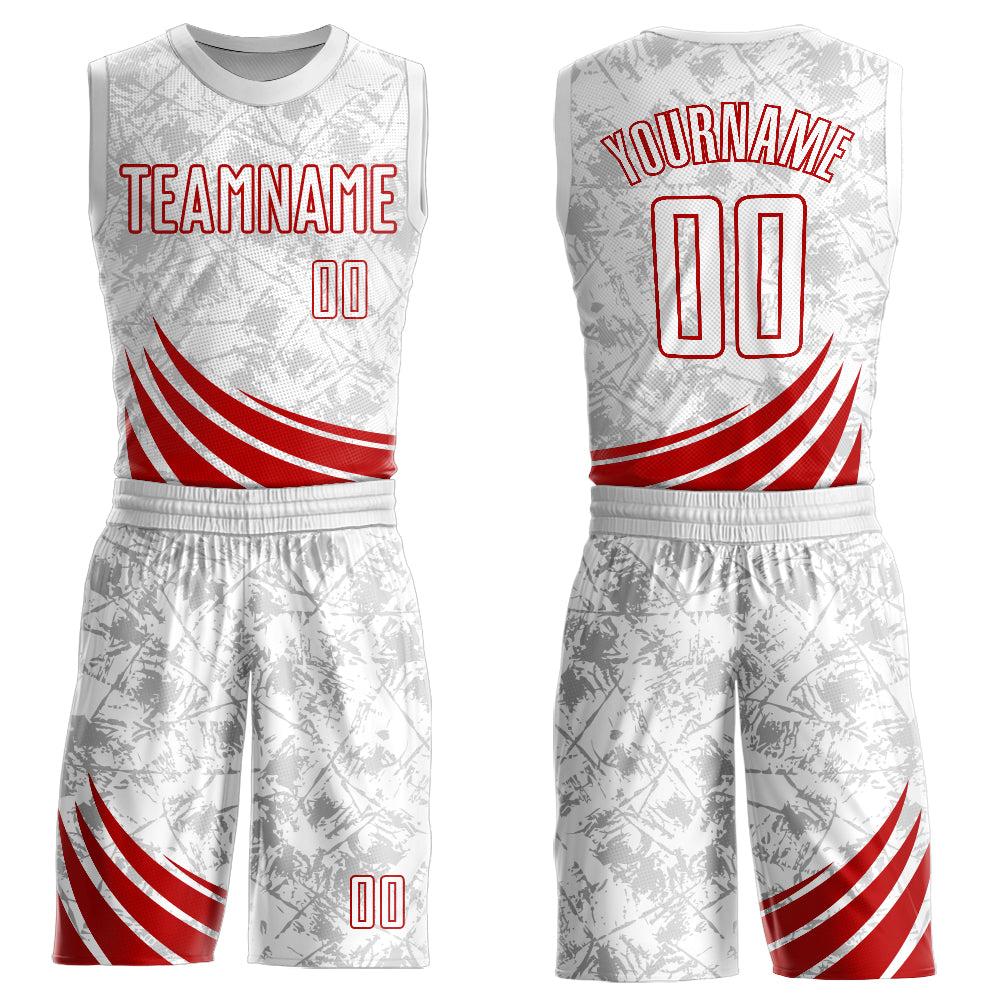Custom White Red Wind Shapes Round Neck Sublimation Basketball Uniform Jersey - Main View
