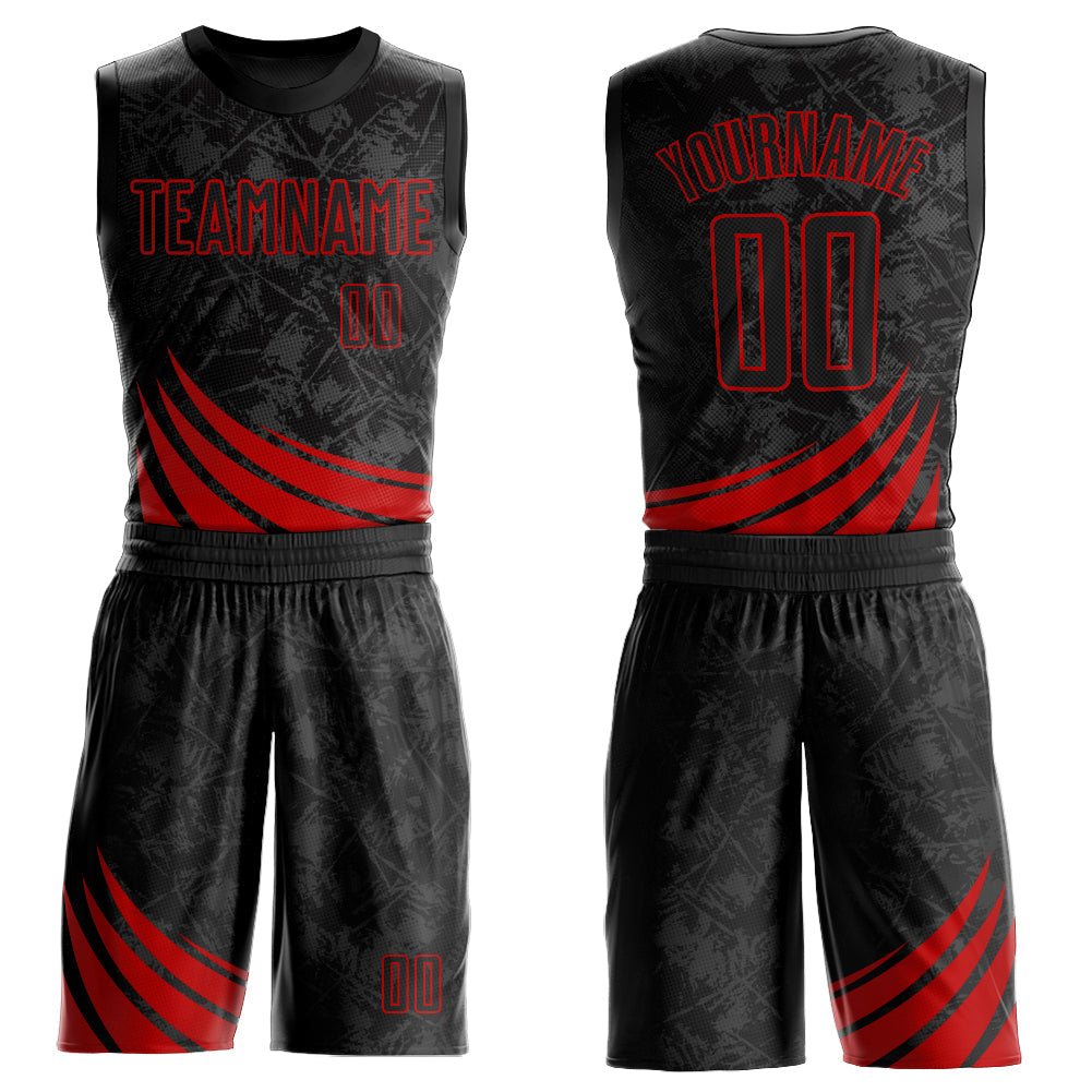 Custom Black Red Wind Shapes Round Neck Sublimation Basketball Uniform Jersey - Main View