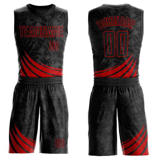 Custom Black Red Wind Shapes Round Neck Sublimation Basketball Uniform Jersey - Main View