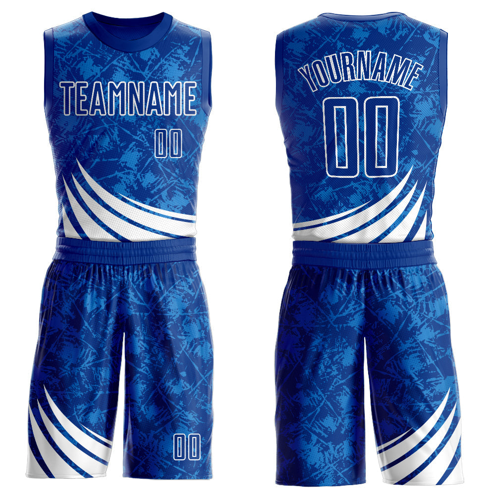 Custom Royal White Wind Shapes Round Neck Sublimation Basketball Uniform Jersey - Main View