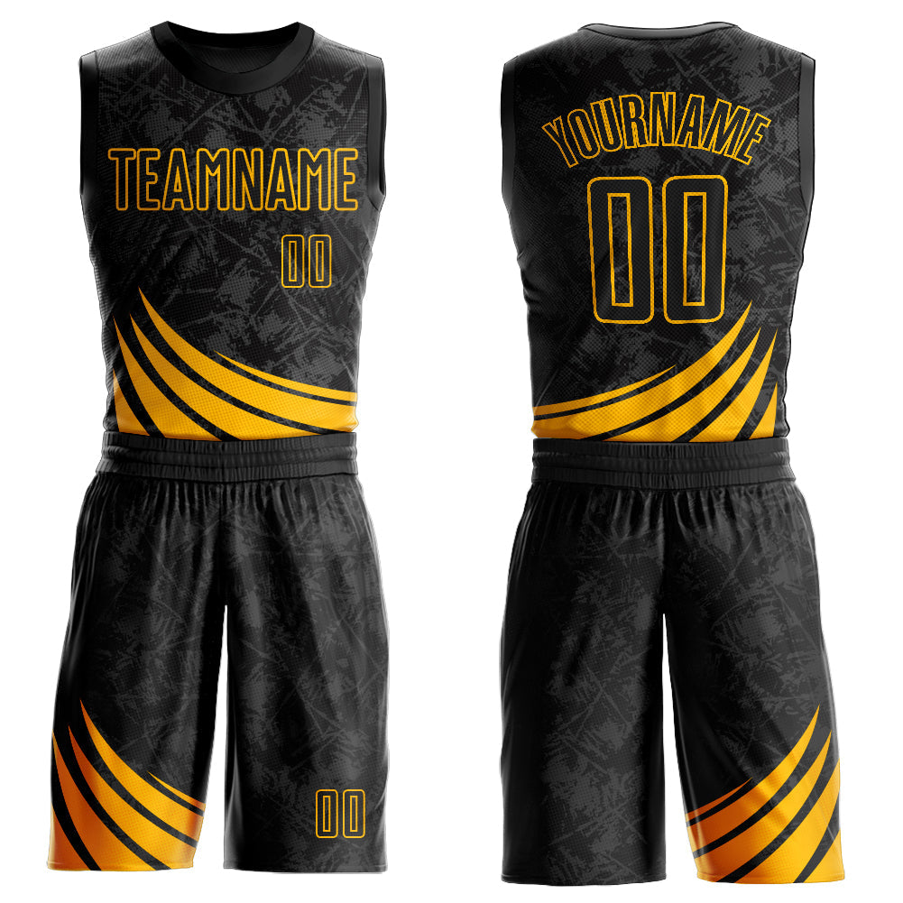 Custom Black Gold Wind Shapes Round Neck Sublimation Basketball Uniform Jersey - Main View