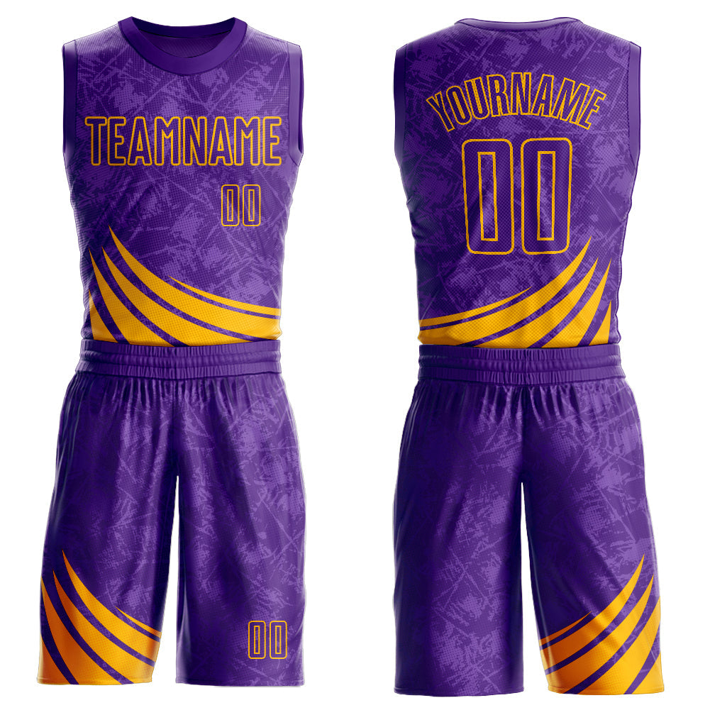 Custom Purple Gold Wind Shapes Round Neck Sublimation Basketball Uniform Jersey - Main View