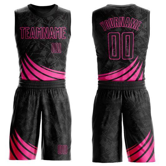 Custom Black Pink Wind Shapes Round Neck Sublimation Basketball Uniform Jersey - Main View