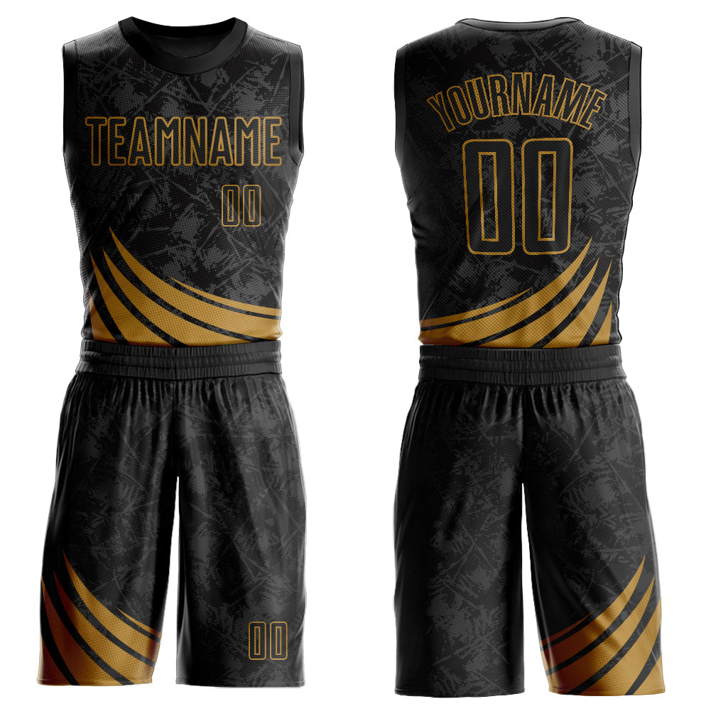 Custom Black Old Gold Wind Shapes Round Neck Sublimation Basketball Uniform Jersey - Main View