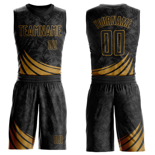 Custom Black Old Gold Wind Shapes Round Neck Sublimation Basketball Uniform Jersey - Main View