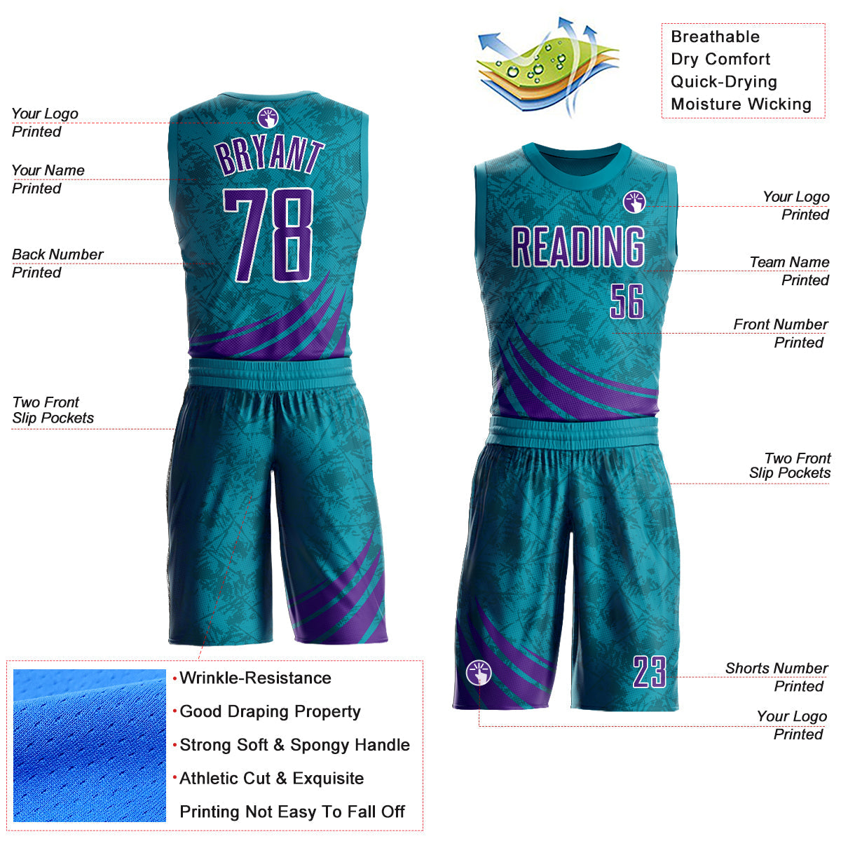 Custom Teal Purple-White Wind Shapes Round Neck Sublimation Basketball Uniform Jersey view 2