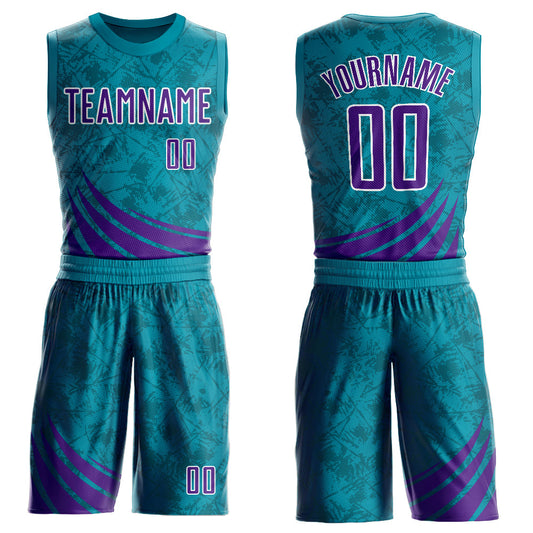 Custom Teal Purple-White Wind Shapes Round Neck Sublimation Basketball Uniform Jersey - Main View