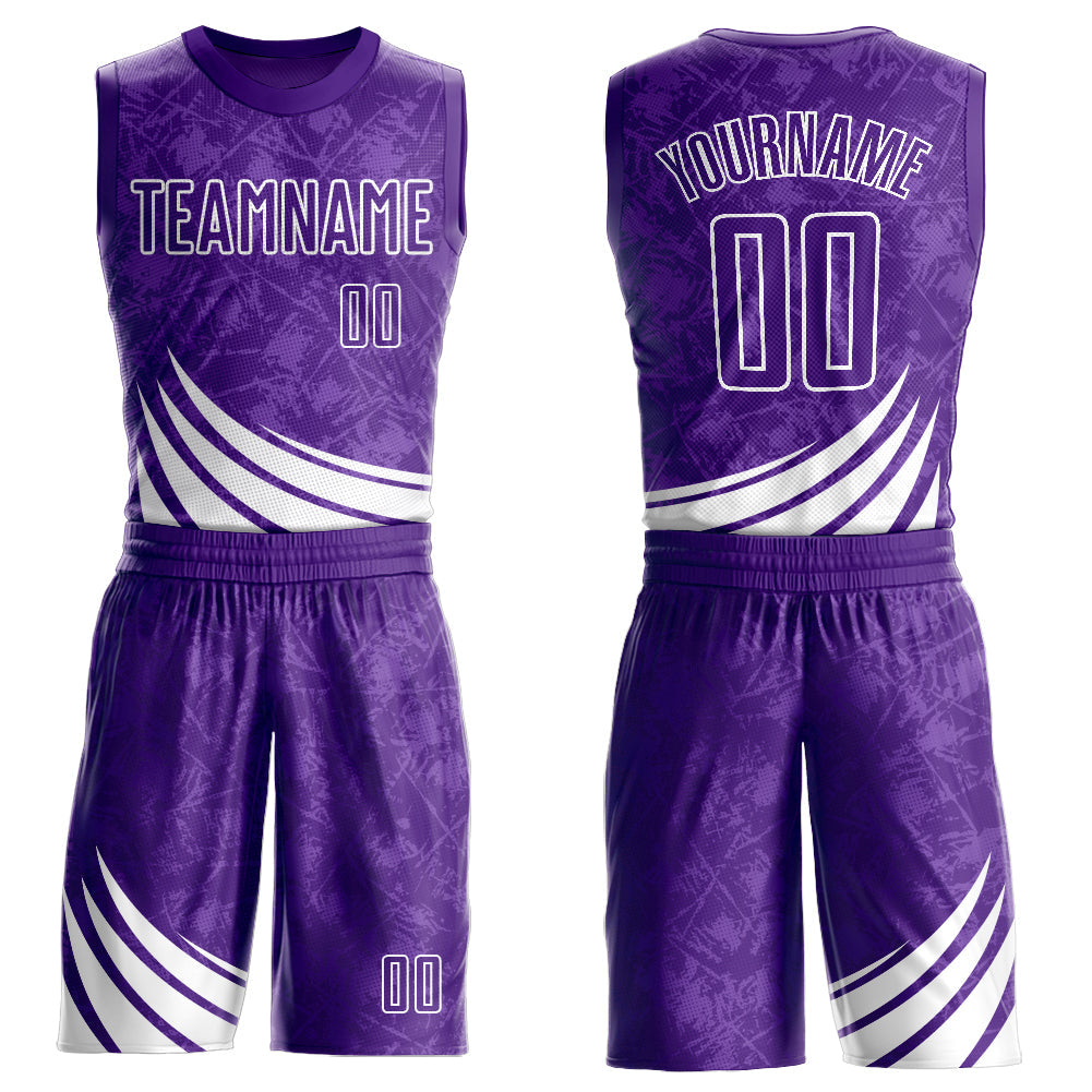Custom Purple White Wind Shapes Round Neck Sublimation Basketball Uniform Jersey - Main View
