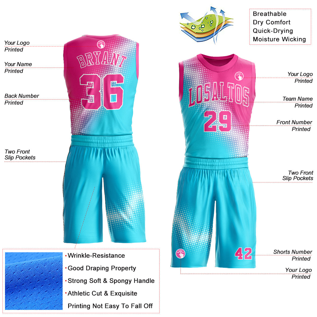 Custom Sky Blue Pink-White Gradient Two Tone Diamond Shape Round Neck Sublimation Basketball Uniform Jersey view 2