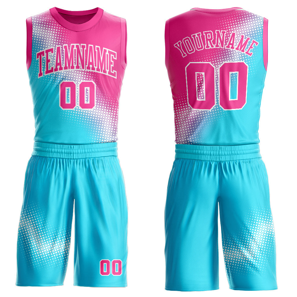 Custom Sky Blue Pink-White Gradient Two Tone Diamond Shape Round Neck Sublimation Basketball Uniform Jersey - Main View