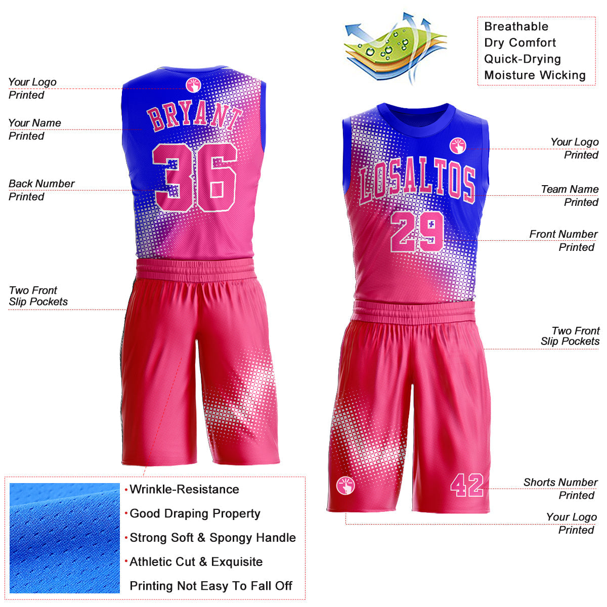 Custom Pink Royal-White Gradient Two Tone Diamond Shape Round Neck Sublimation Basketball Uniform Jersey view 2