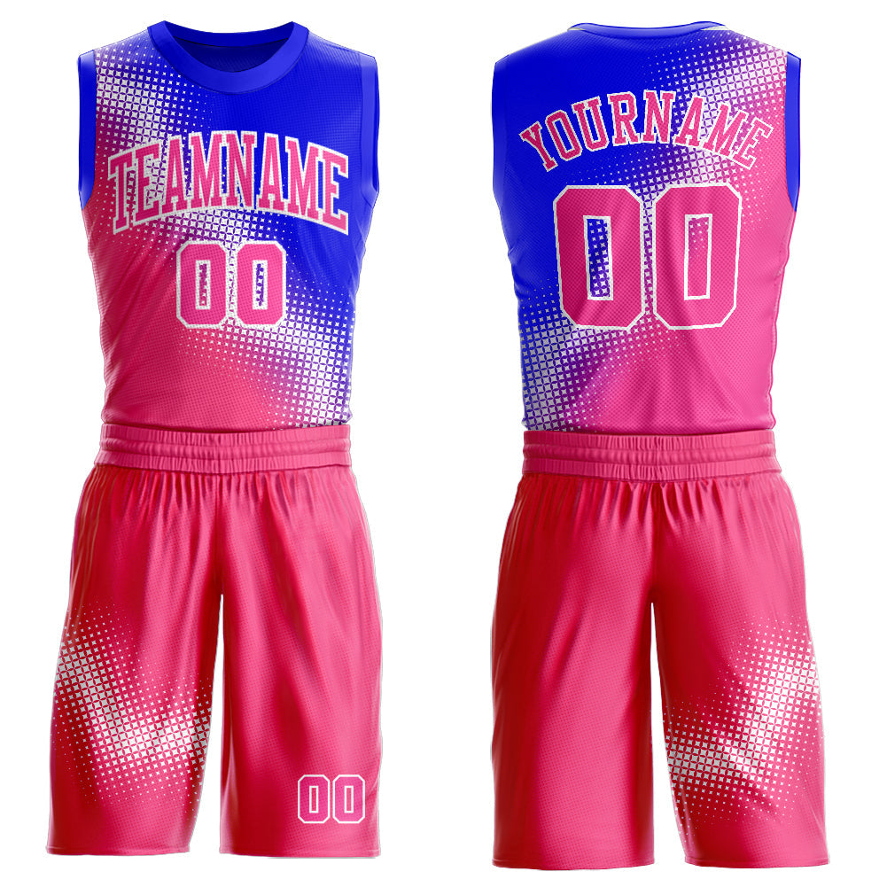 Custom Pink Royal-White Gradient Two Tone Diamond Shape Round Neck Sublimation Basketball Uniform Jersey - Main View