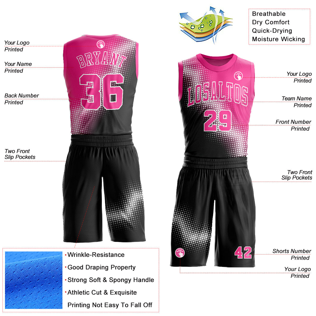 Custom Black Pink-White Gradient Two Tone Diamond Shape Round Neck Sublimation Basketball Uniform Jersey view 2
