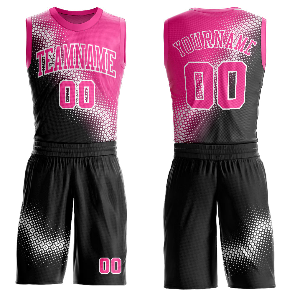 Custom Black Pink-White Gradient Two Tone Diamond Shape Round Neck Sublimation Basketball Uniform Jersey - Main View