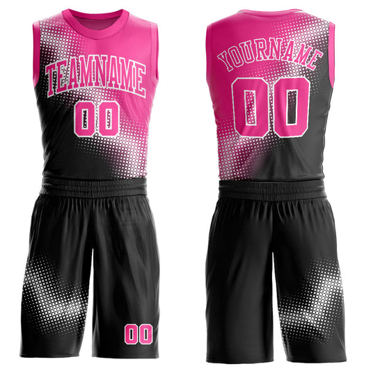 Custom Black Pink-White Gradient Two Tone Diamond Shape Round Neck Sublimation Basketball Uniform Jersey - Main View