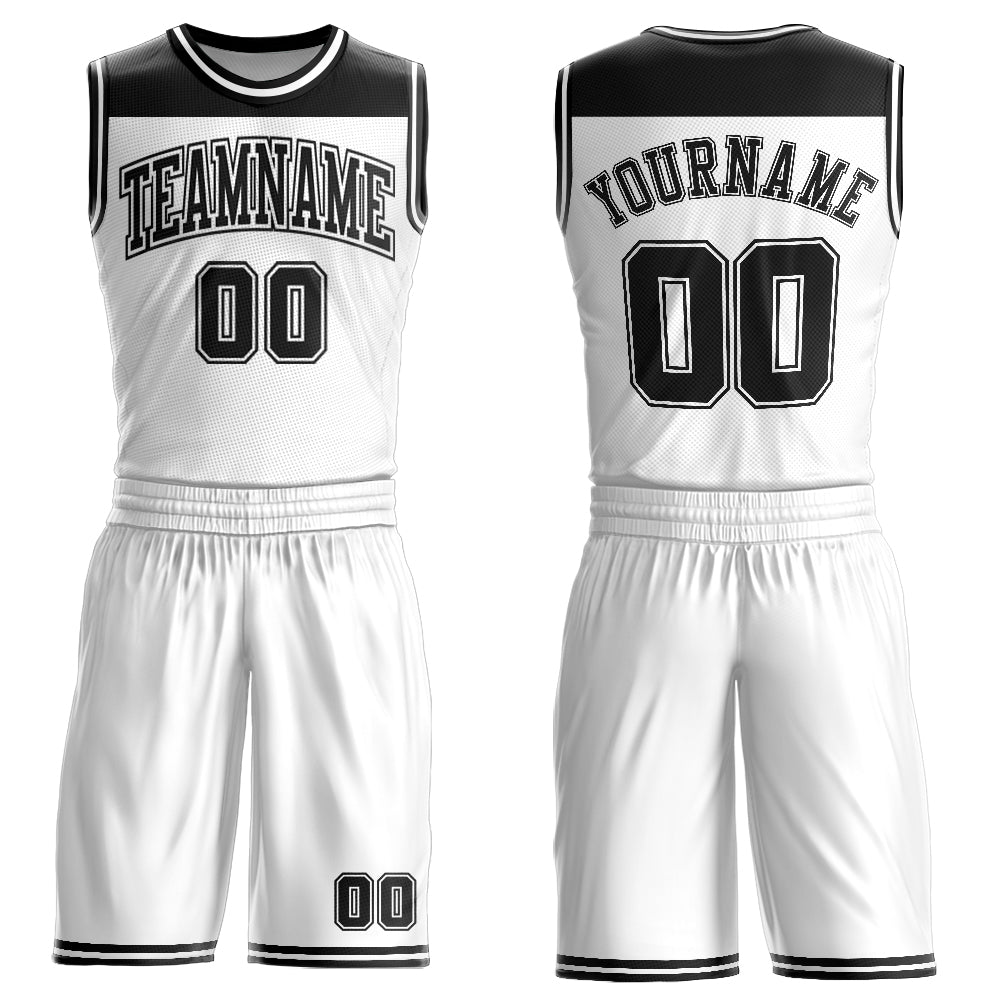 Custom White Black Color Block Round Neck Sublimation Basketball Uniform Jersey - Main View