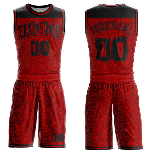 Custom Red Black Color Block Round Neck Sublimation Basketball Uniform Jersey - Main View