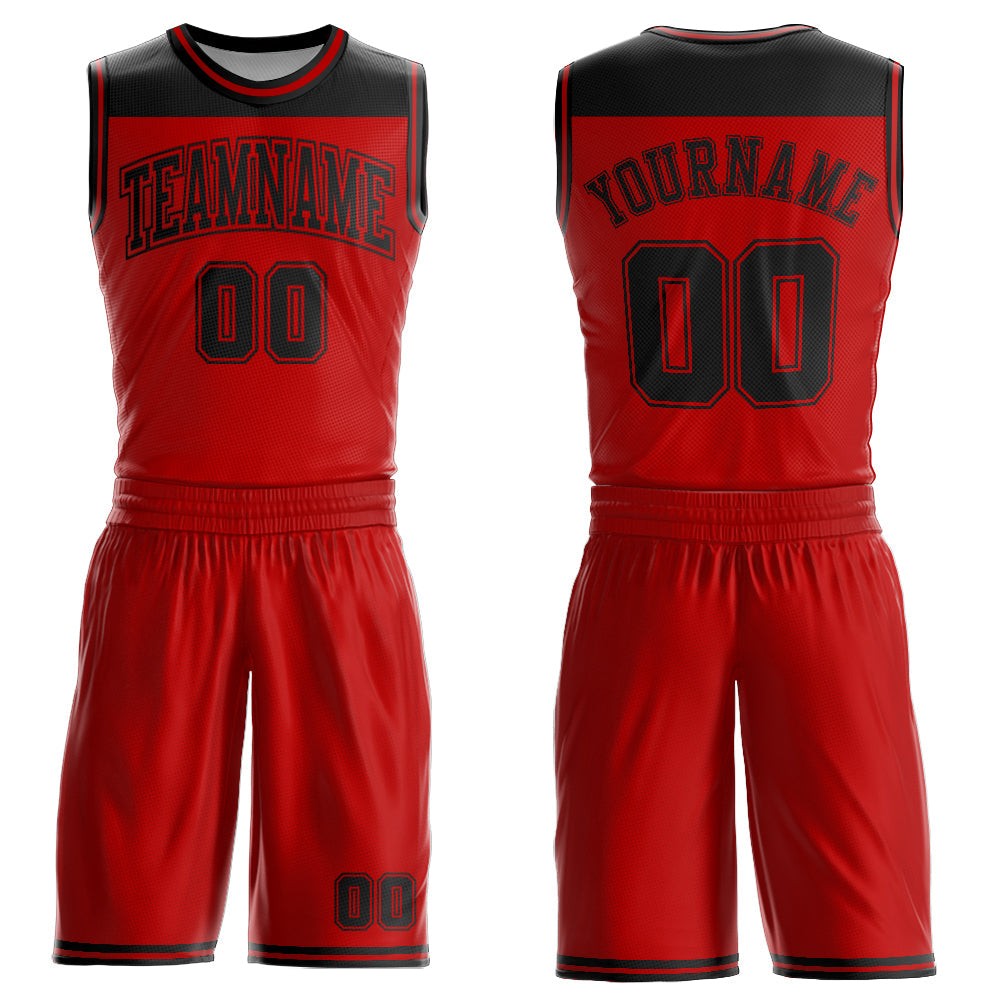Custom Red Black Color Block Round Neck Sublimation Basketball Uniform Jersey - Main View