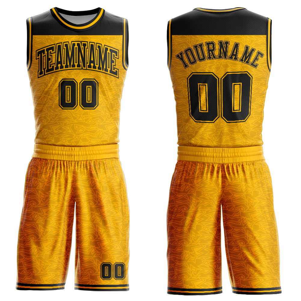 Custom Gold Black Color Block Round Neck Sublimation Basketball Uniform Jersey - Main View