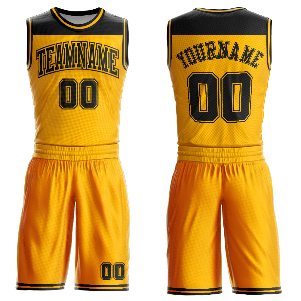 Custom Gold Black Color Block Round Neck Sublimation Basketball Uniform Jersey - Main View
