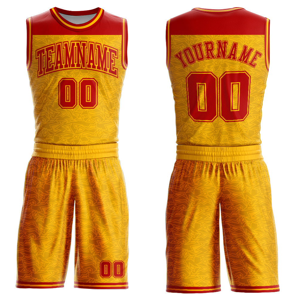 Custom Gold Red Color Block Round Neck Sublimation Basketball Uniform Jersey - Main View
