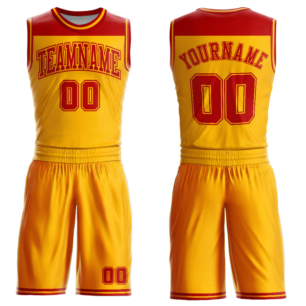 Custom Gold Red Color Block Round Neck Sublimation Basketball Uniform Jersey - Main View