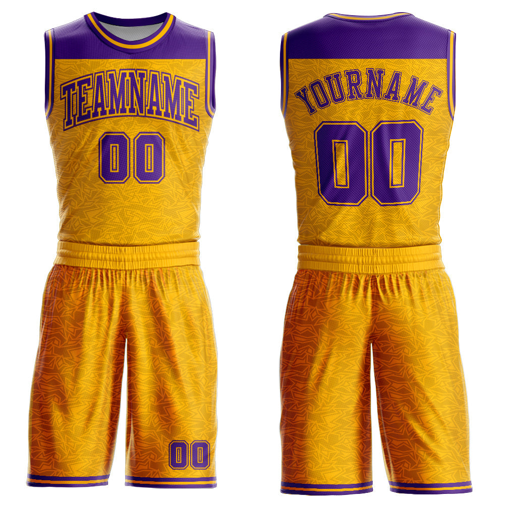 Custom Gold Purple Color Block Round Neck Sublimation Basketball Uniform Jersey - Main View