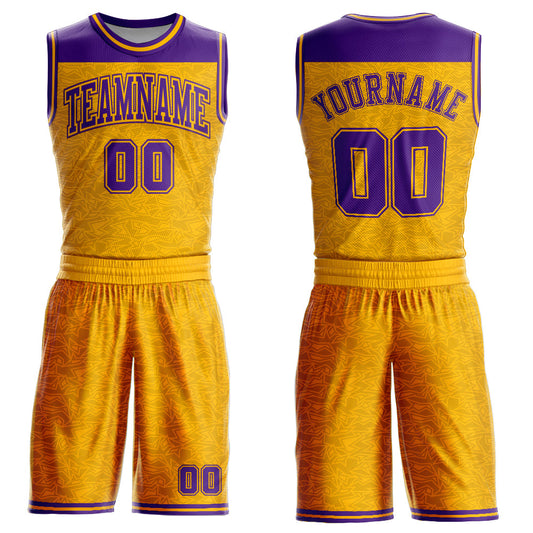 Custom Gold Purple Color Block Round Neck Sublimation Basketball Uniform Jersey - Main View