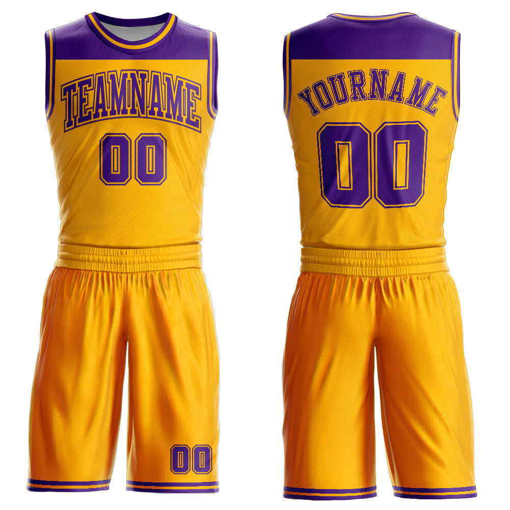 Custom Gold Purple Color Block Round Neck Sublimation Basketball Uniform Jersey - Main View
