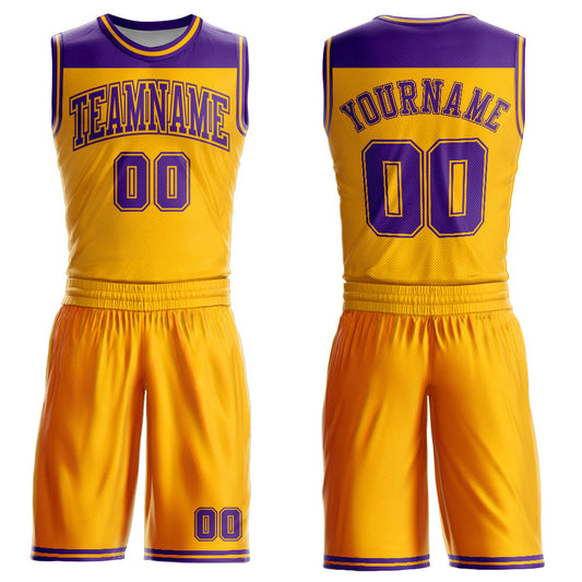 Custom Gold Purple Color Block Round Neck Sublimation Basketball Uniform Jersey - Main View