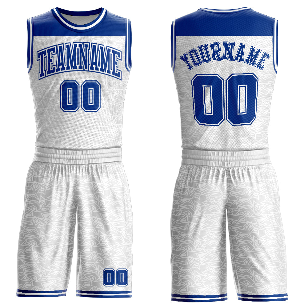 Custom White Royal Color Block Round Neck Sublimation Basketball Uniform Jersey - Main View