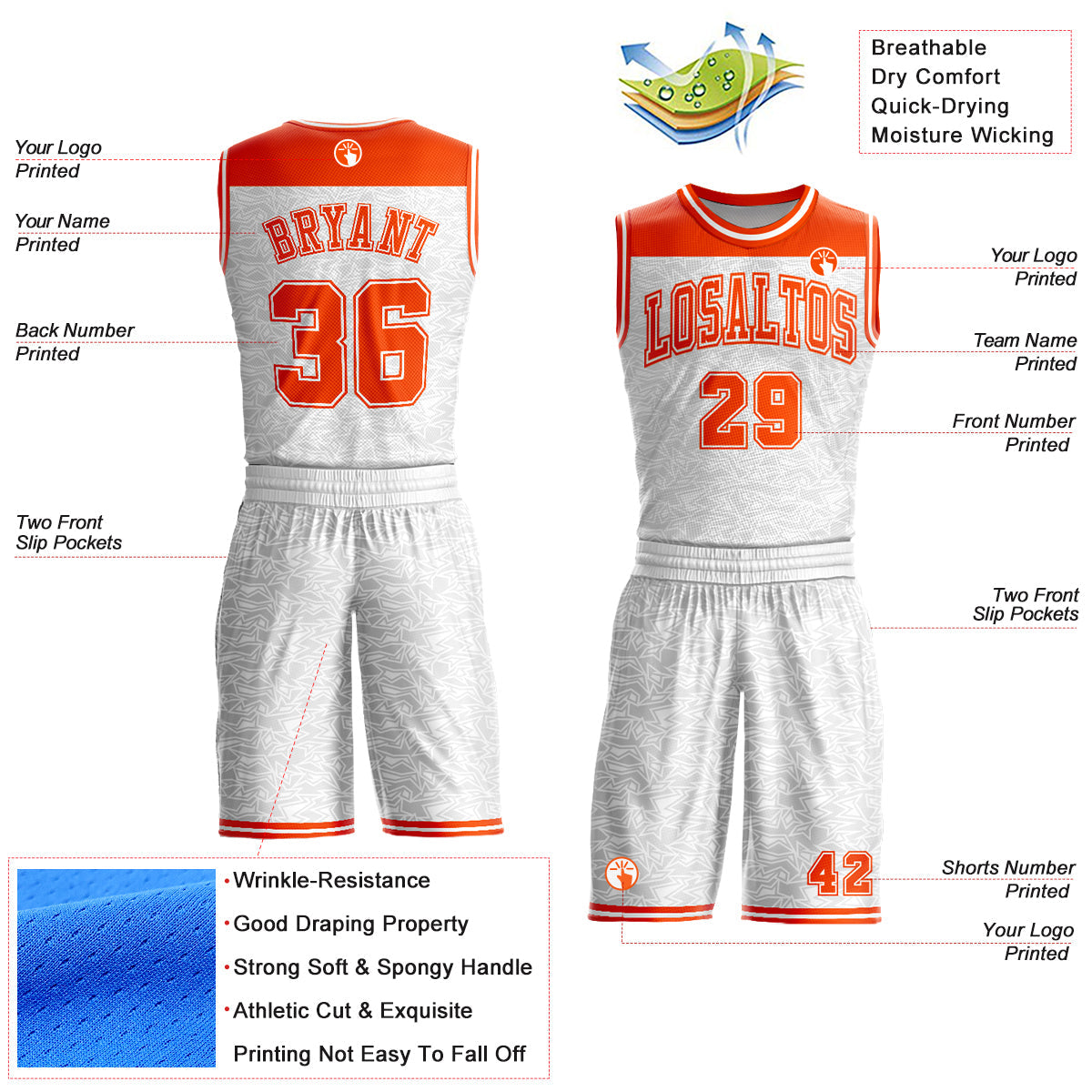 Custom White Orange Color Block Round Neck Sublimation Basketball Uniform Jersey view 2