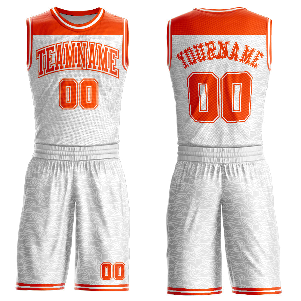 Custom White Orange Color Block Round Neck Sublimation Basketball Uniform Jersey - Main View