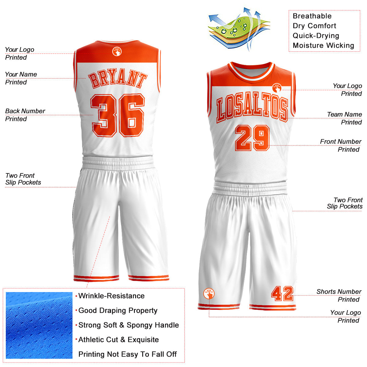 Custom White Orange Color Block Round Neck Sublimation Basketball Uniform Jersey view 2