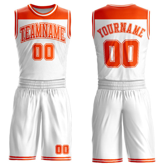 Custom White Orange Color Block Round Neck Sublimation Basketball Uniform Jersey - Main View