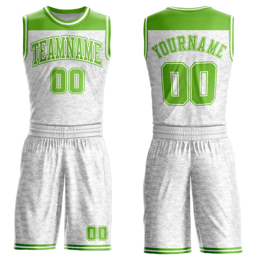 Custom White Neon Green Color Block Round Neck Sublimation Basketball Uniform Jersey - Main View