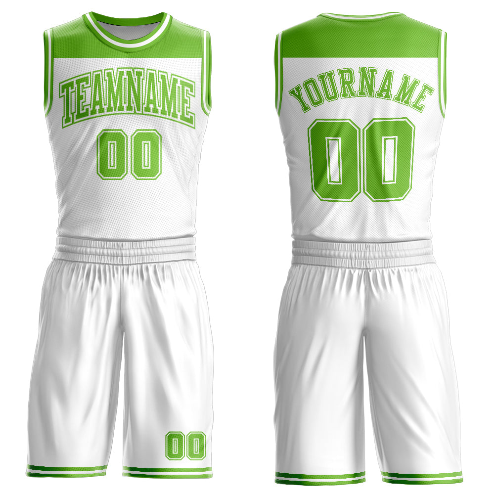 Custom White Neon Green Color Block Round Neck Sublimation Basketball Uniform Jersey - Main View