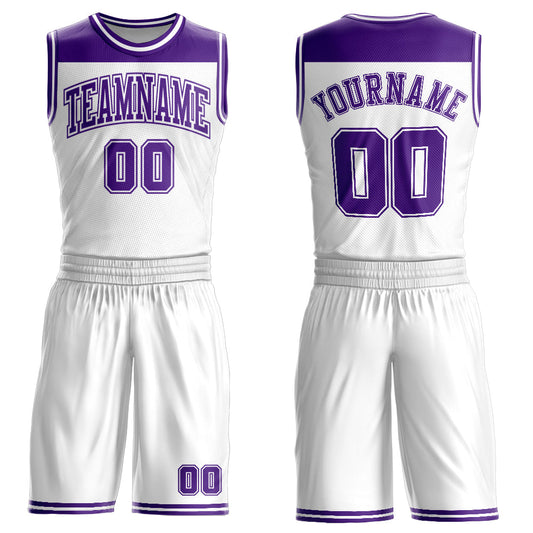 Custom White Purple Color Block Round Neck Sublimation Basketball Uniform Jersey - Main View