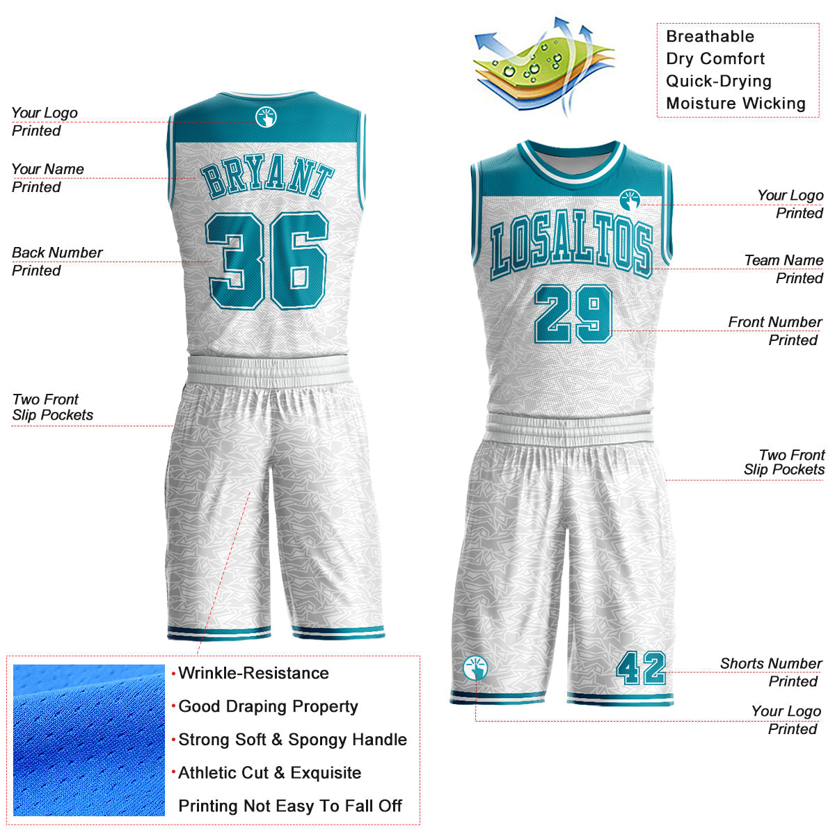 Custom White Teal Color Block Round Neck Sublimation Basketball Uniform Jersey view 2