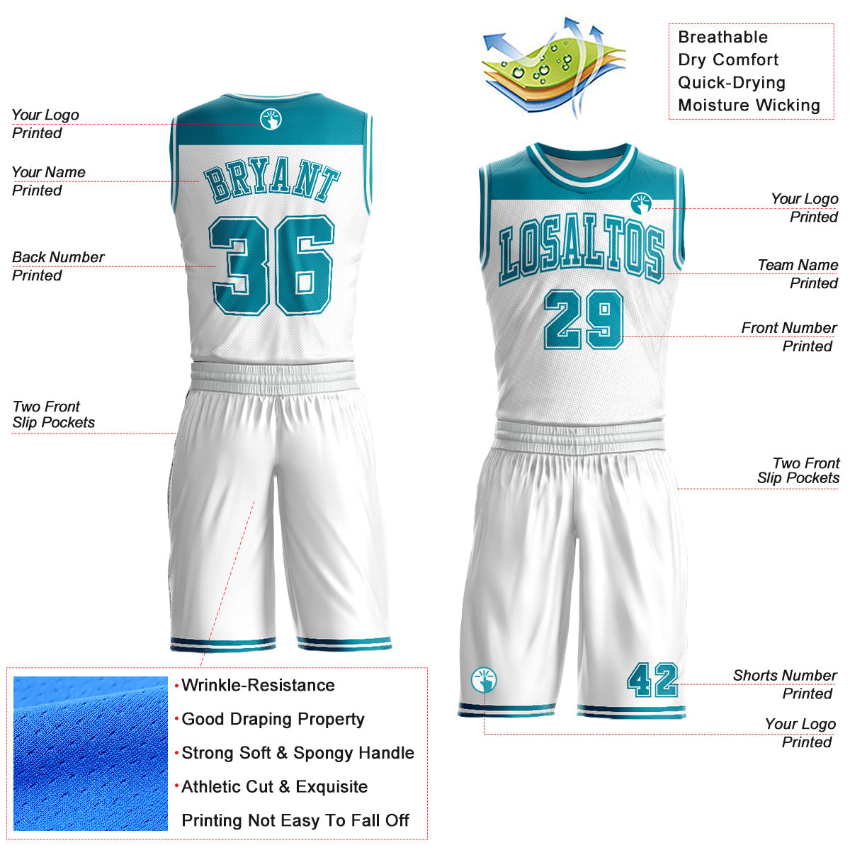 Custom White Teal Color Block Round Neck Sublimation Basketball Uniform Jersey view 2