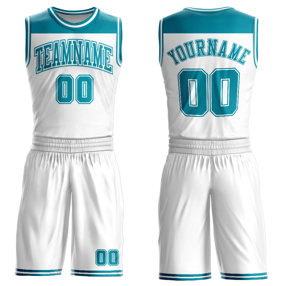 Custom White Teal Color Block Round Neck Sublimation Basketball Uniform Jersey - Main View