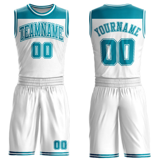 Custom White Teal Color Block Round Neck Sublimation Basketball Uniform Jersey - Main View