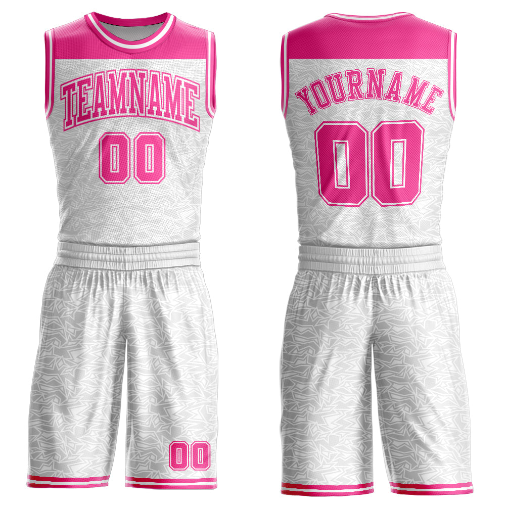 Custom White Pink Color Block Round Neck Sublimation Basketball Uniform Jersey - Main View